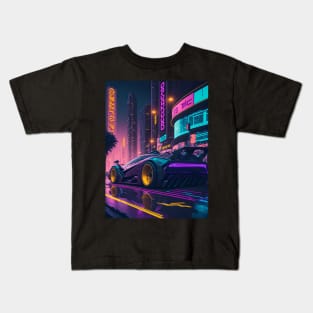 Dark Neon Sports Car in Japanese Neon City Kids T-Shirt